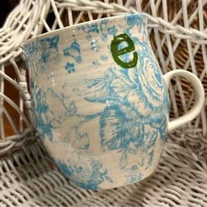 Anthropology Robin Egg Blue and White Ceramic Toile Mug with Green Initial e